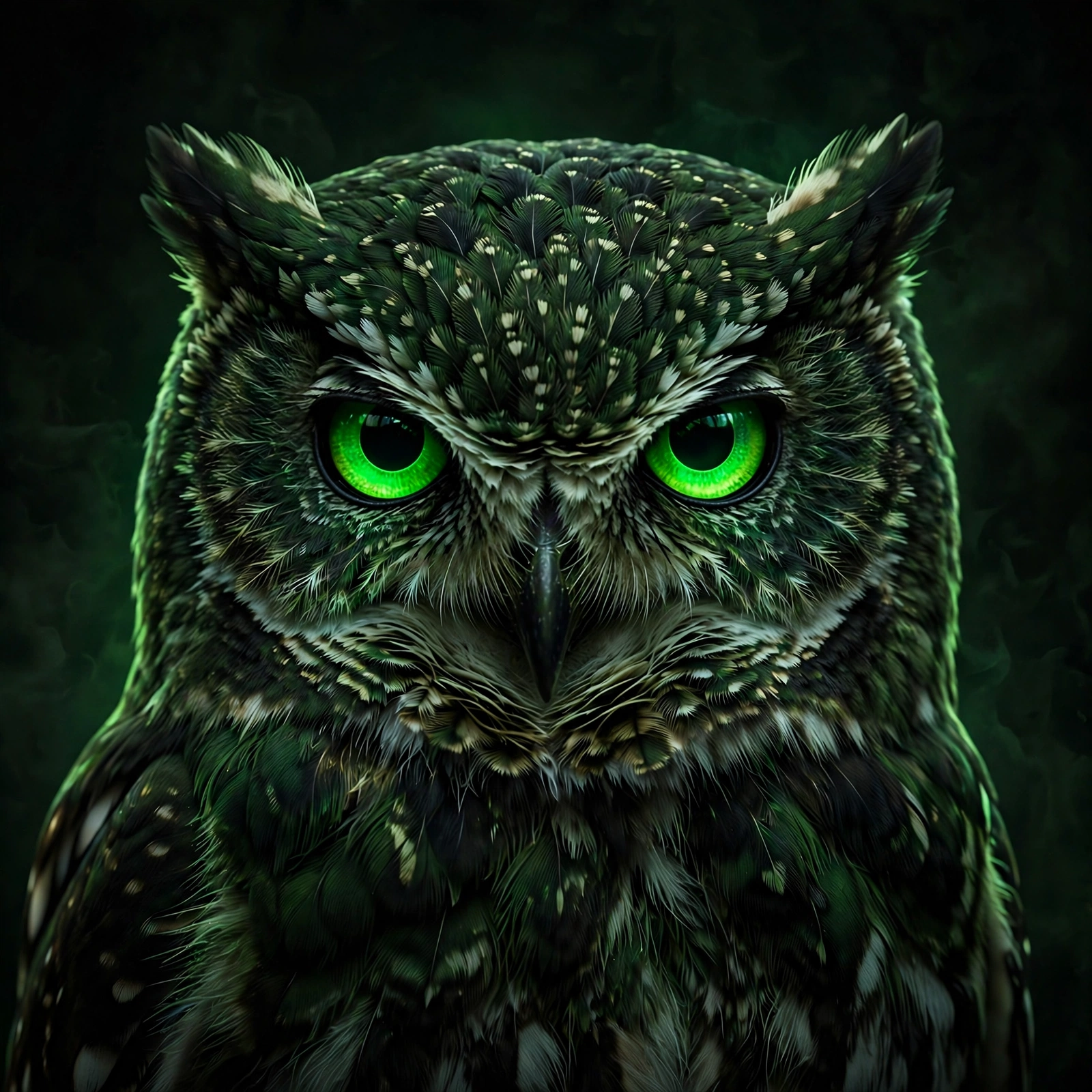 The Noctua owl, green eyes open in the dark